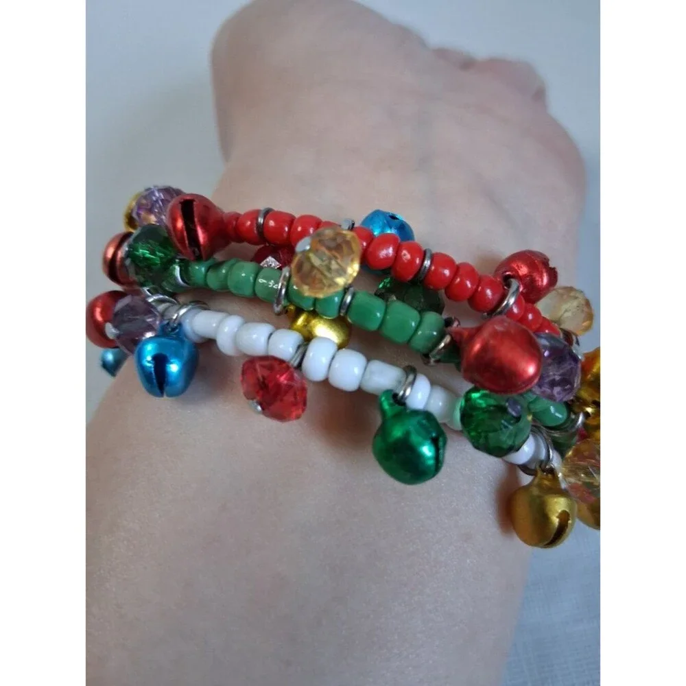 Christmas Jingle Bells and Multicolored Beads Memory Wire Statement Bracelet